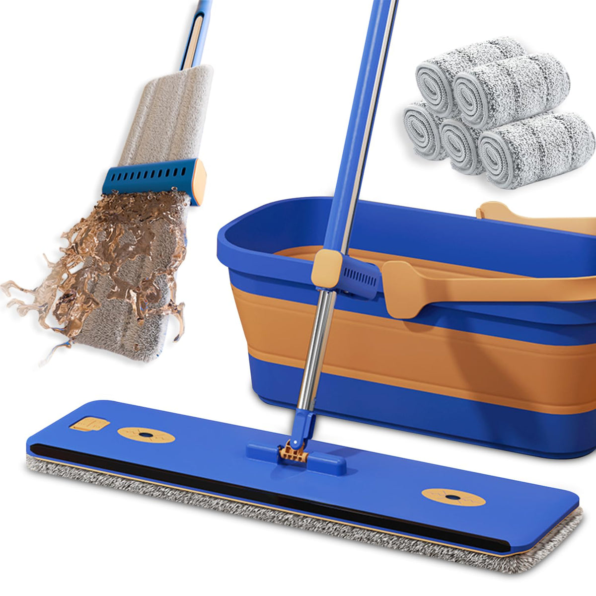 16.5" Self Wringing Flat Mop and Collapsible Bucket Set