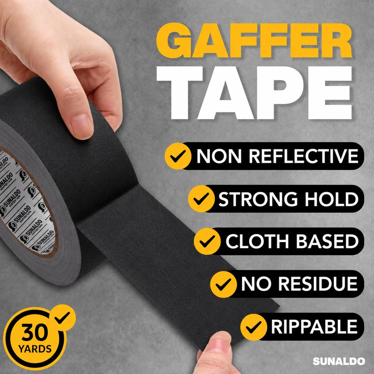 Gaffers Tape (2"x30 yards) Heavy Duty, Easy Rip, No Residue | Black