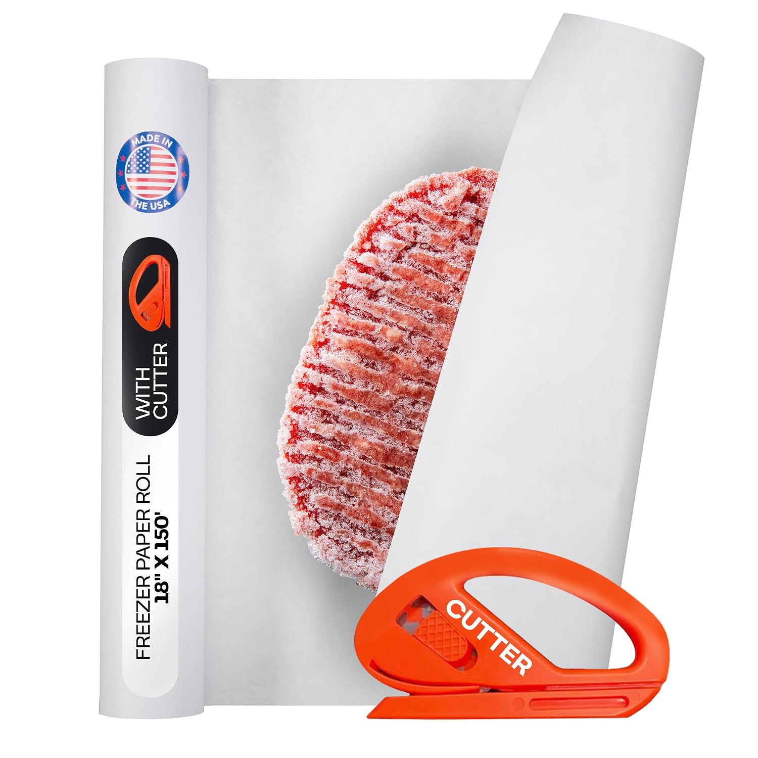 White Freezer Paper Roll 18" x 1800" (150 feet) with Cutter - USA-made