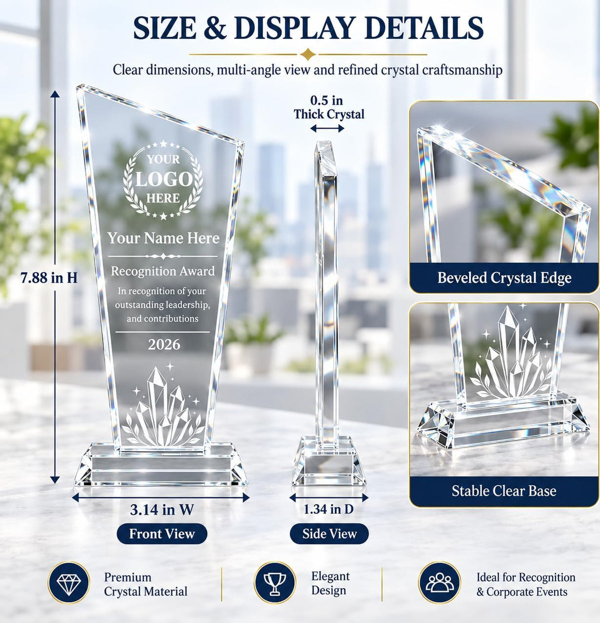 Personalized K9 Crystal Trophy Award with Logo Photo Text, Custom Employee Recognition Plaque for Corporate