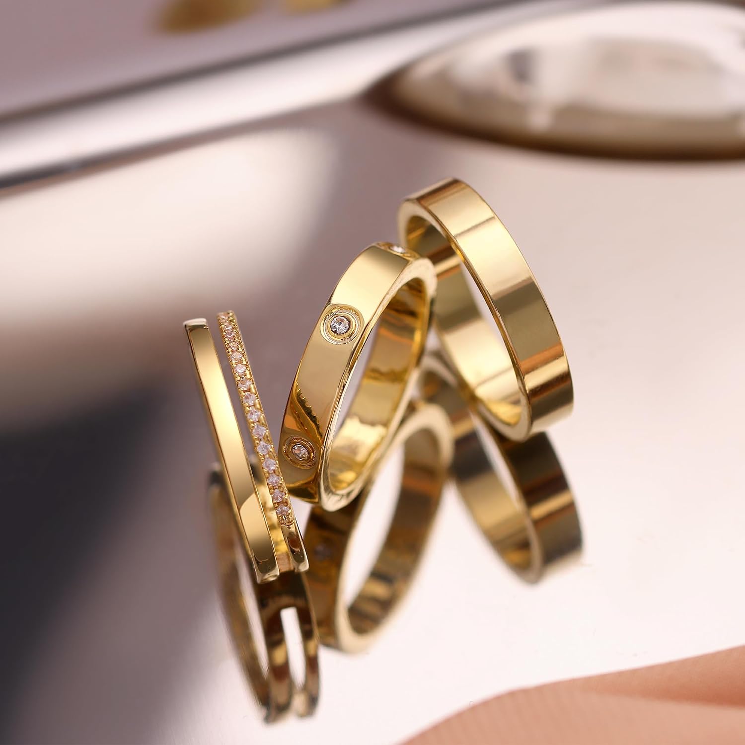 Gold Rings for Women Non Tarnish Dainty 14K Gold Plated Stackable Rings for Women Cubic Zirconia Ring Set Wedding