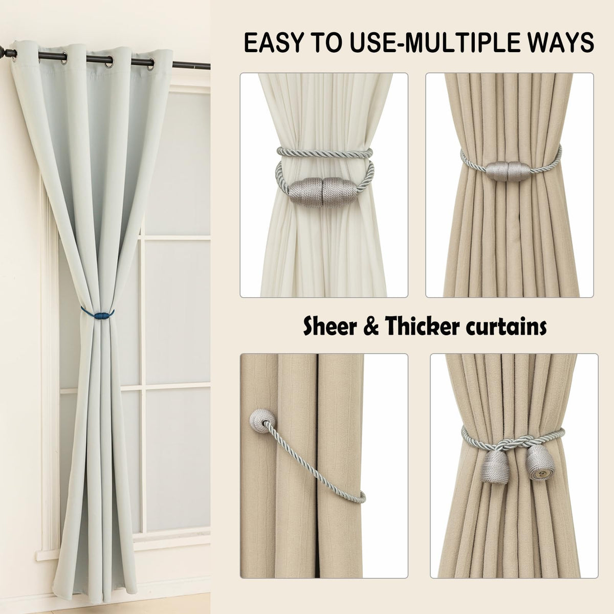 Magnetic Curtain Tiebacks - Rope Tiebacks for Curtains & Drapes, Decorative Window Holdbacks (8 Pack, Grey)