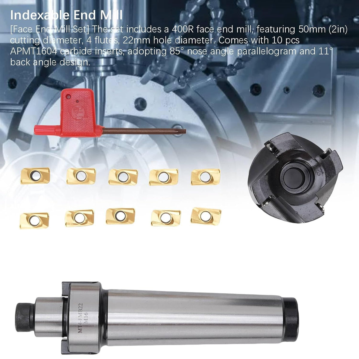 LICAEVEY Face End Mill Set, Face End Mill Cutter with 4 Flutes, MT4-FMB22 Holder, 10pcs Inserts for Step Milling, High Hard Alloy Body for CNC Machine