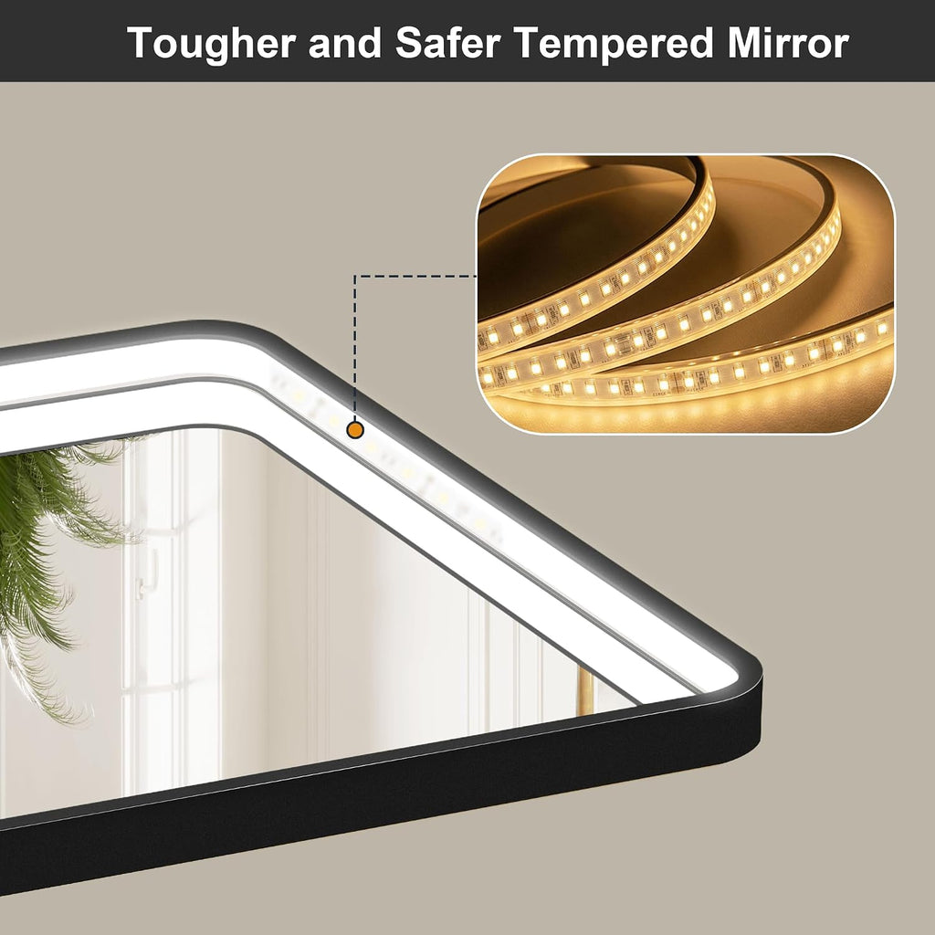 40x28 Inch LED Bathroom Mirror with Lights, Black Metal Framed LED Mirror for Bathroom, 3 Colors and Stepless