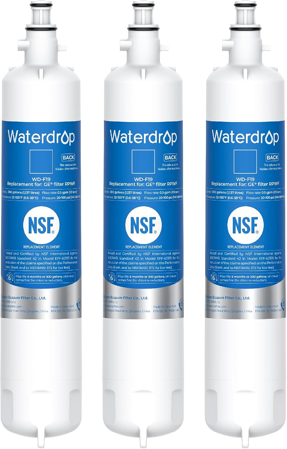 Waterdrop WD-F19 Refrigerator Water Filter Replacement for GE RPWF, 3 Pack