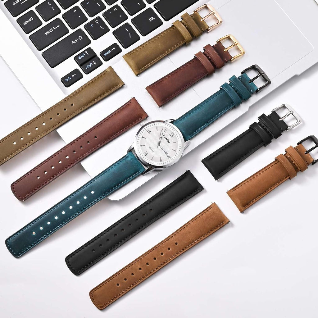 22mm Top Grain Leather Watch Band, Black Crazy Horse Leather Replacement Watch Strap with Rose Gold Buckle, Quick