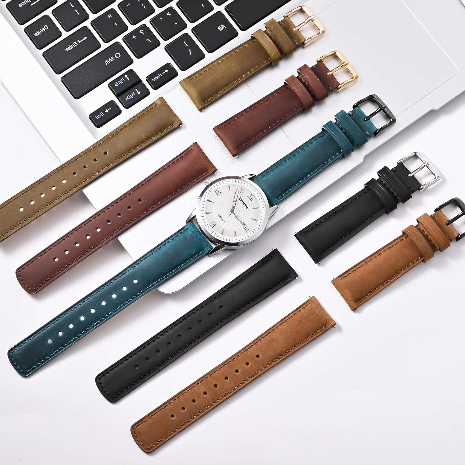 22mm Top Grain Leather Watch Band, Black Crazy Horse Leather Replacement Watch Strap with Rose Gold Buckle, Quick