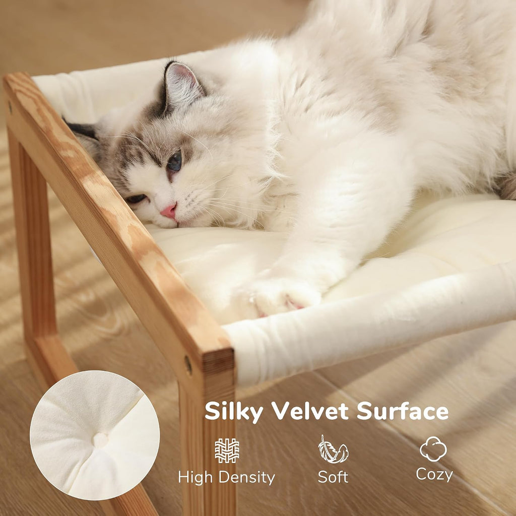 Cat Bed Hammock, Cozy Velvet Cat Couch for Indoor Cats, Raised Wooden Cats Perch, 21 Inch Pet Sofa, Outdoor Dog Beds