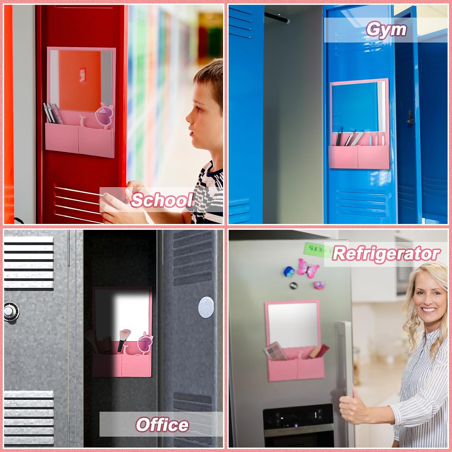 Magnetic Locker Mirror 7 x 6.7 Inch Magnet Mirror with Holder Bag Locker Organizer Accessories Decorations for Office