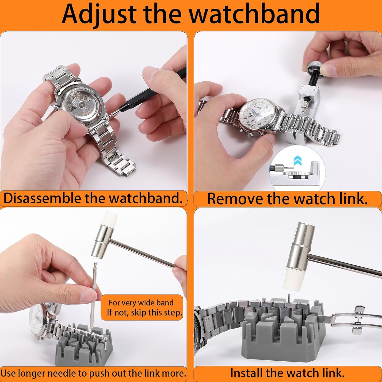 Watch Link Removal Tool Kit, Watch Band Adjustment & Resizing Tool with Double-Head Hammer,Metal Watch Band Link