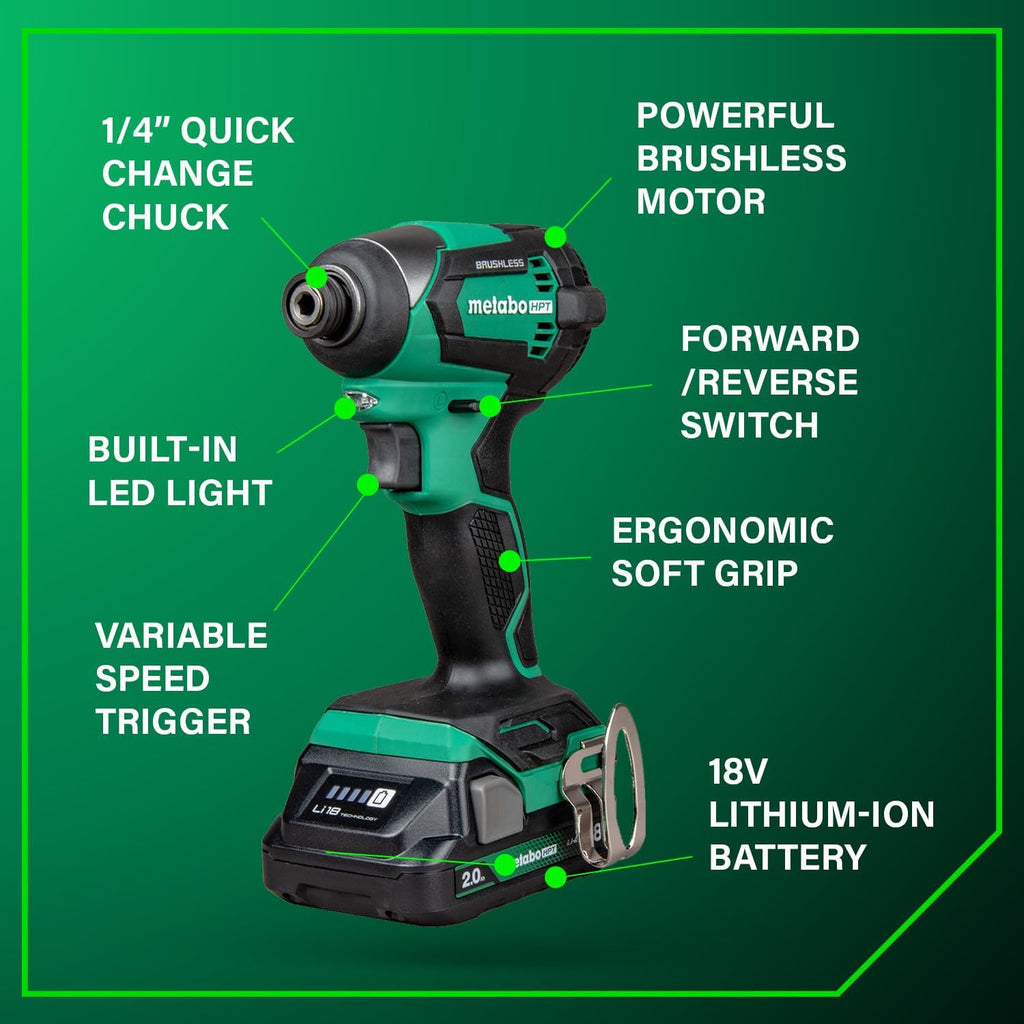18V MultiVolt Cordless Brushless Driver Drill & Impact Driver Combo Kit, Power Tool Kit, 2 Lithium-Ion Metabo HPT