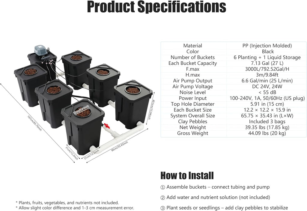 DWC Hydroponic System, Hydroponic Bucket Set (6 Planting Buckets+1 Storage Bucket), 7.13Gallon Water Culture Growing