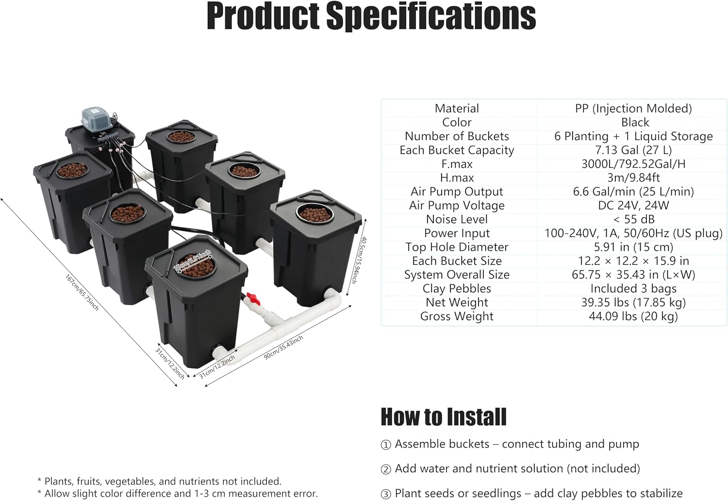 DWC Hydroponic System, Hydroponic Bucket Set (6 Planting Buckets+1 Storage Bucket), 7.13Gallon Water Culture Growing