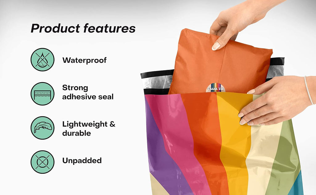 10x13 Poly Mailers, Retro Rainbow Shipping Bags, 100 Pack