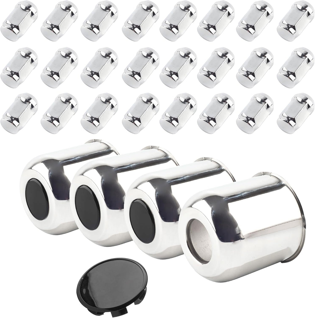 4-Pack Trailer Push Through Center Caps and Trailer Lug Sets - 4.25in Wheel Center Caps Chrome with Black Top Cover