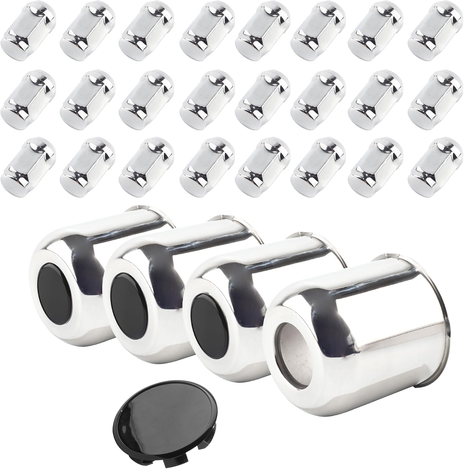 4-Pack Trailer Push Through Center Caps and Trailer Lug Sets - 4.25in Wheel Center Caps Chrome with Black Top Cover