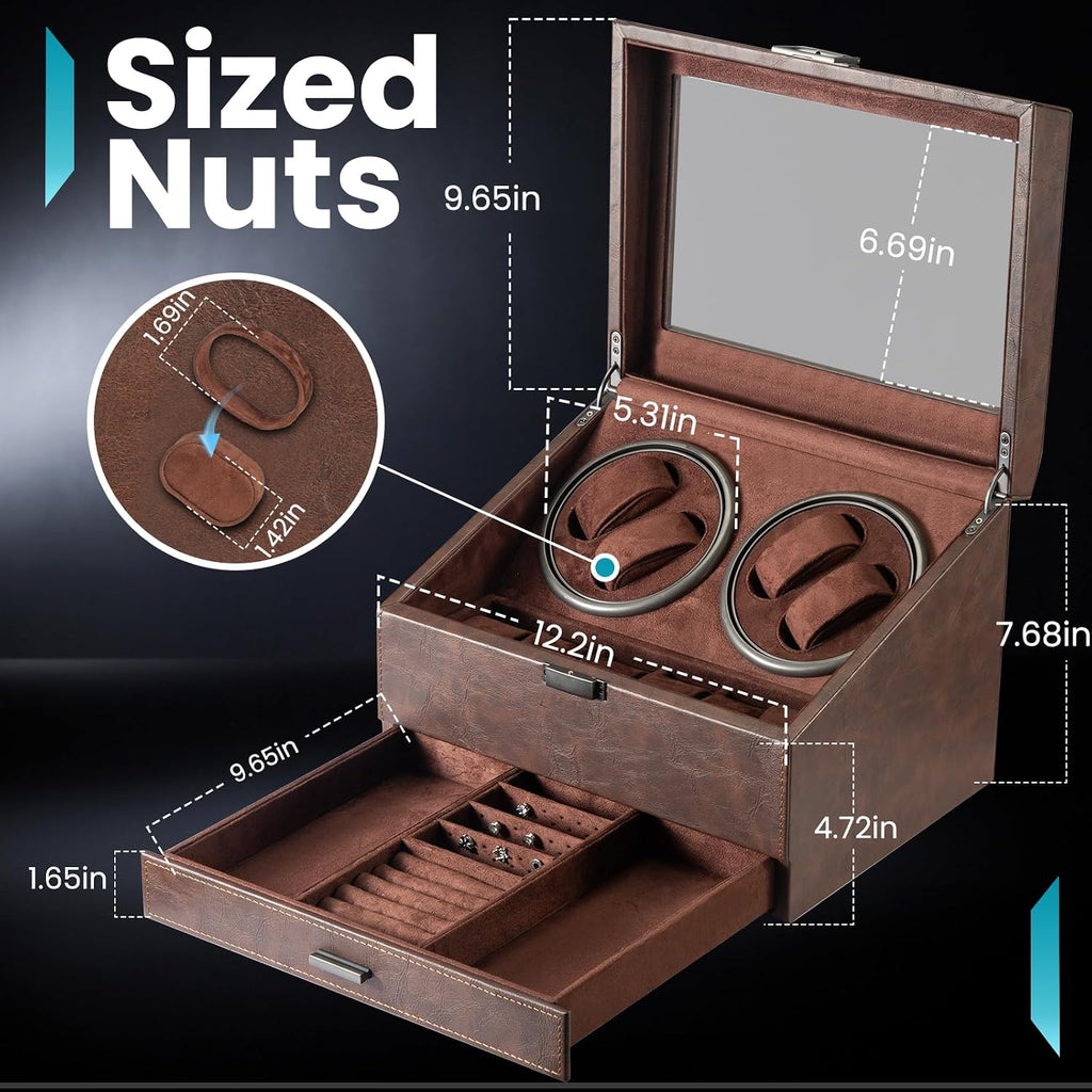 4 Watch Winder with 6-Slots Watch Storage and Jewelry Drawer | 3-in-1 Storage System,Auto-Winding,Extra