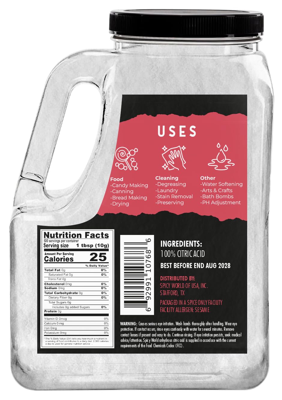 Citric Acid 11 LB Bulk Jar - All Natural, Food Grade, Non-GMO Citric Acid Powder for Cleaning, Bath Bombs, Preserving