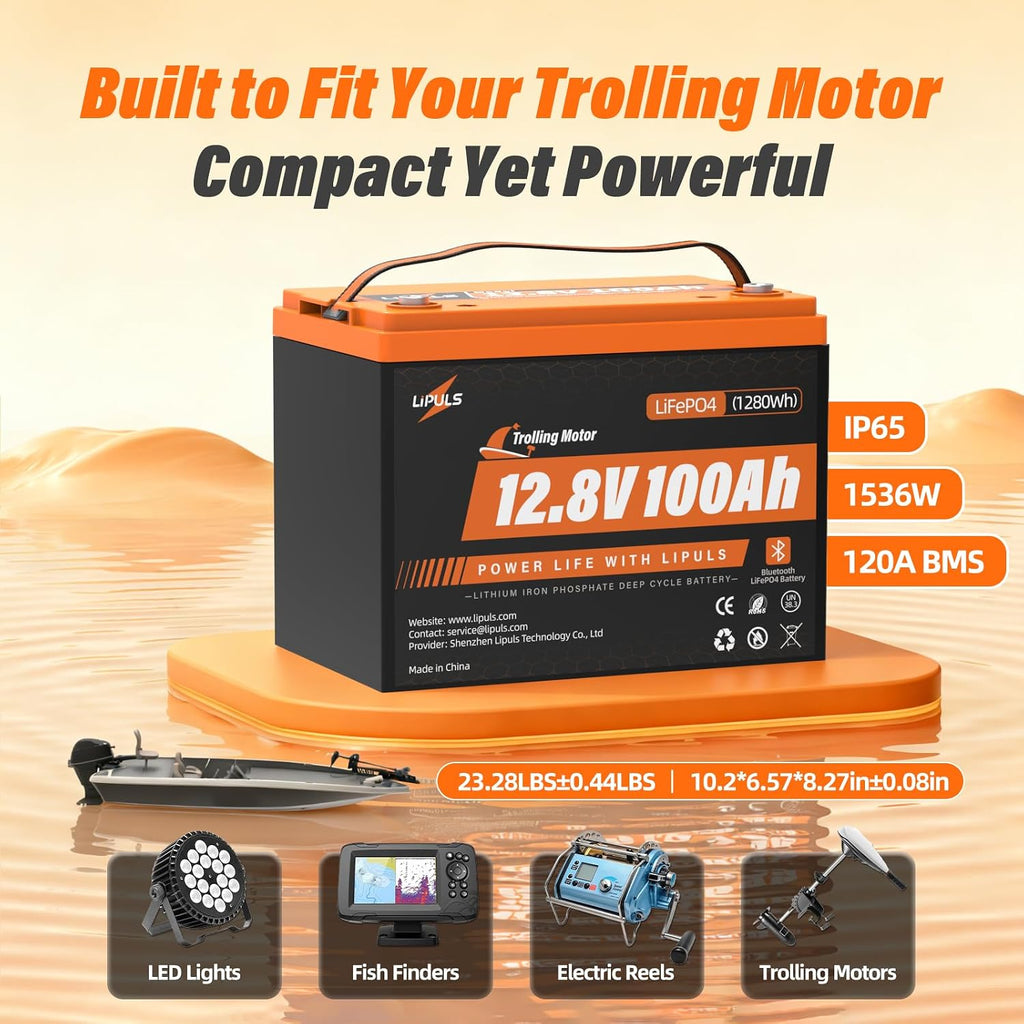 12.8V 100Ah Trolling Motor LiFePO4 Battery, Group 24 Lithium Battery Built-in 120A BMS & Grade A Cells, 15000 Cycles