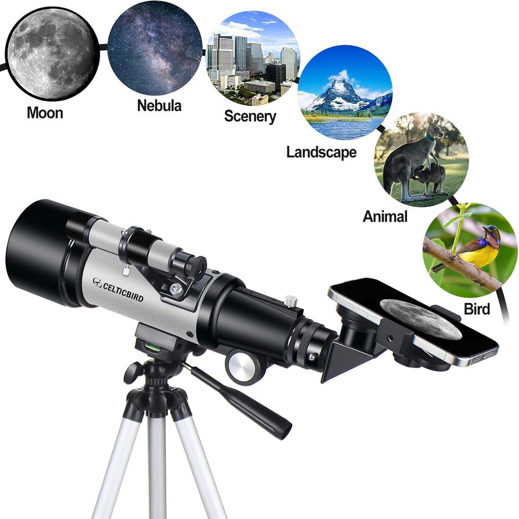 Telescope 70mm Aperture 400mm Astronomical Refracting Telescopes - Travel Telescope with Tripod, Phone Adapter(Silver)