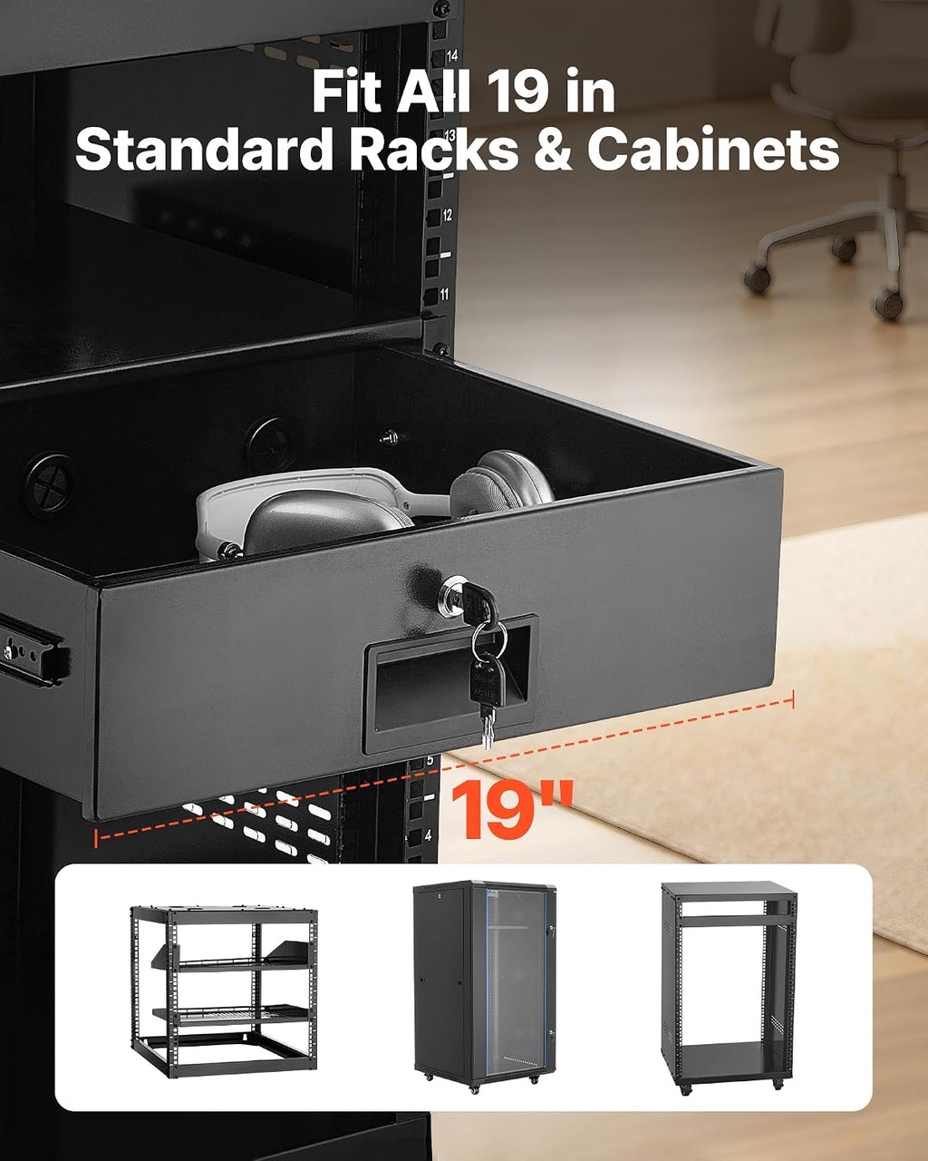 VEVOR 3U Rack Drawer, Lockable Server Cabinet Case, 13.8'' Depth Server Rack Mount Drawer, for 19'' Network Equipment/DJ/AV Rack or Cabinet Enclosure, 50 lbs Max Load, with Cable Management Holes