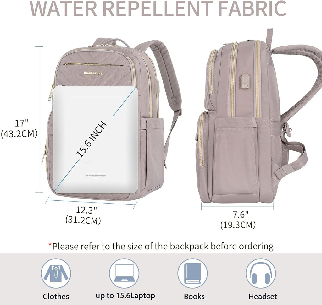 Laptop Backpack Purse for Women and Men with USB Charging Port, 15.6 Inch Travel Water Resistant Quilted Backpack
