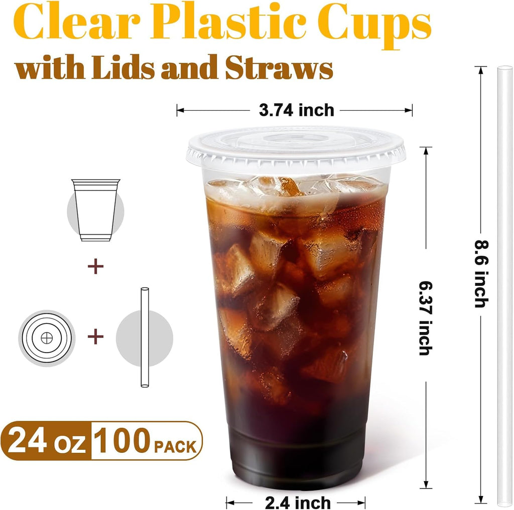 100 Pack 24 oz Clear Plastic Cups with Lids and Straws Disposable
