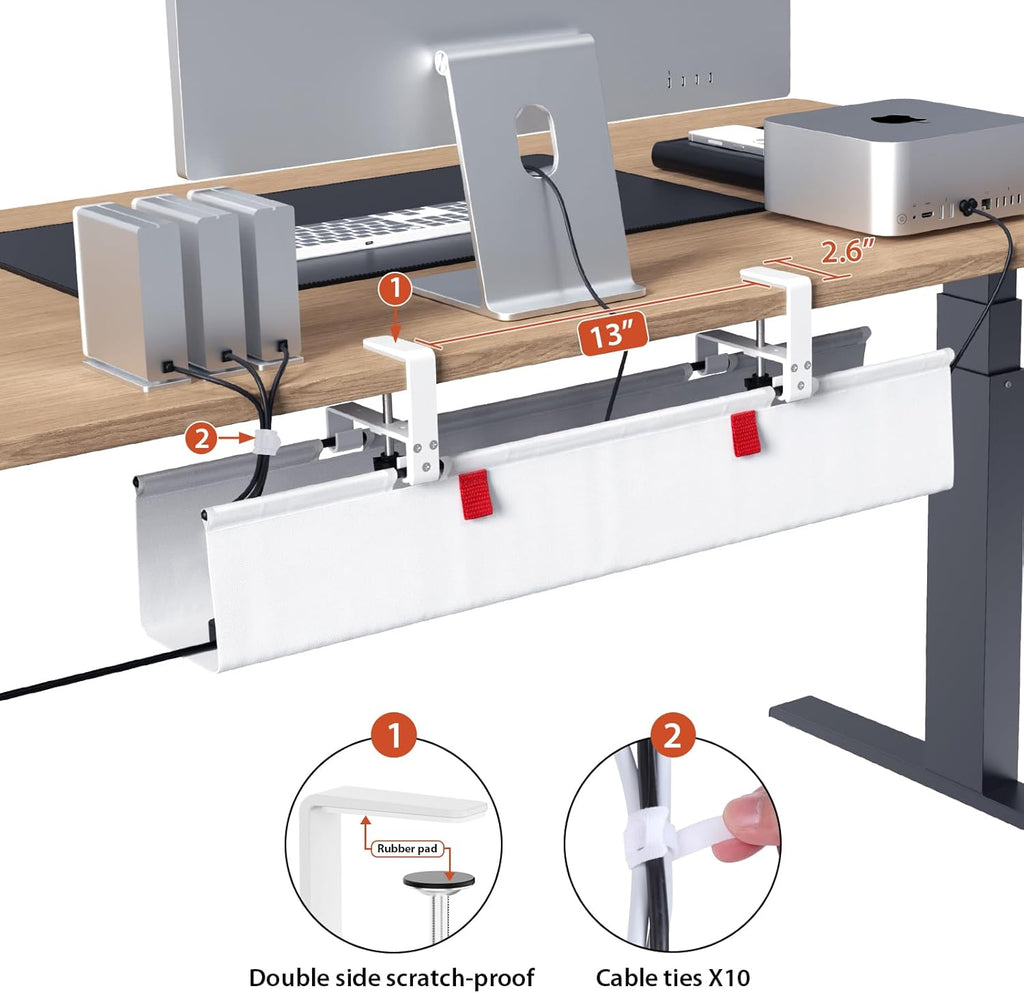 No Drill Under Desk Cable Management Tray, 28 inch Cable Management | Clamp/Screw Mount Cable Management Desk