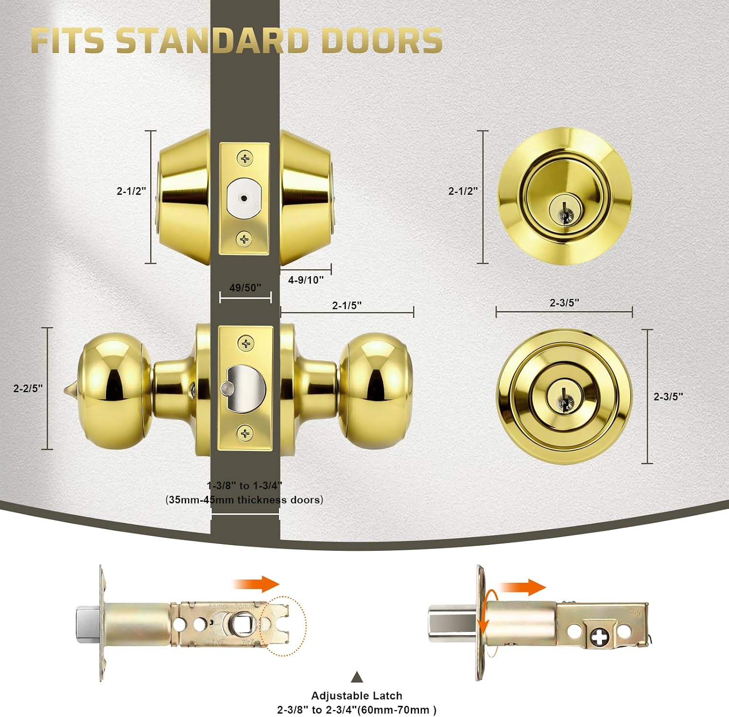 2 Pack Keyed Alike Door Knob and Double Cylinder Deadbolt Set, Exterior Door Lock Set, Polished Brass