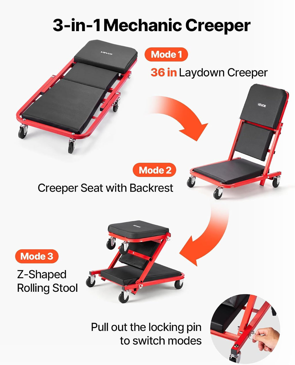 36 in 3-in-1 Folding Mechanic Creeper, Z-Creeper Garage Roller, 340 lbs Under Car Rolling Creeper with 6 Swivel