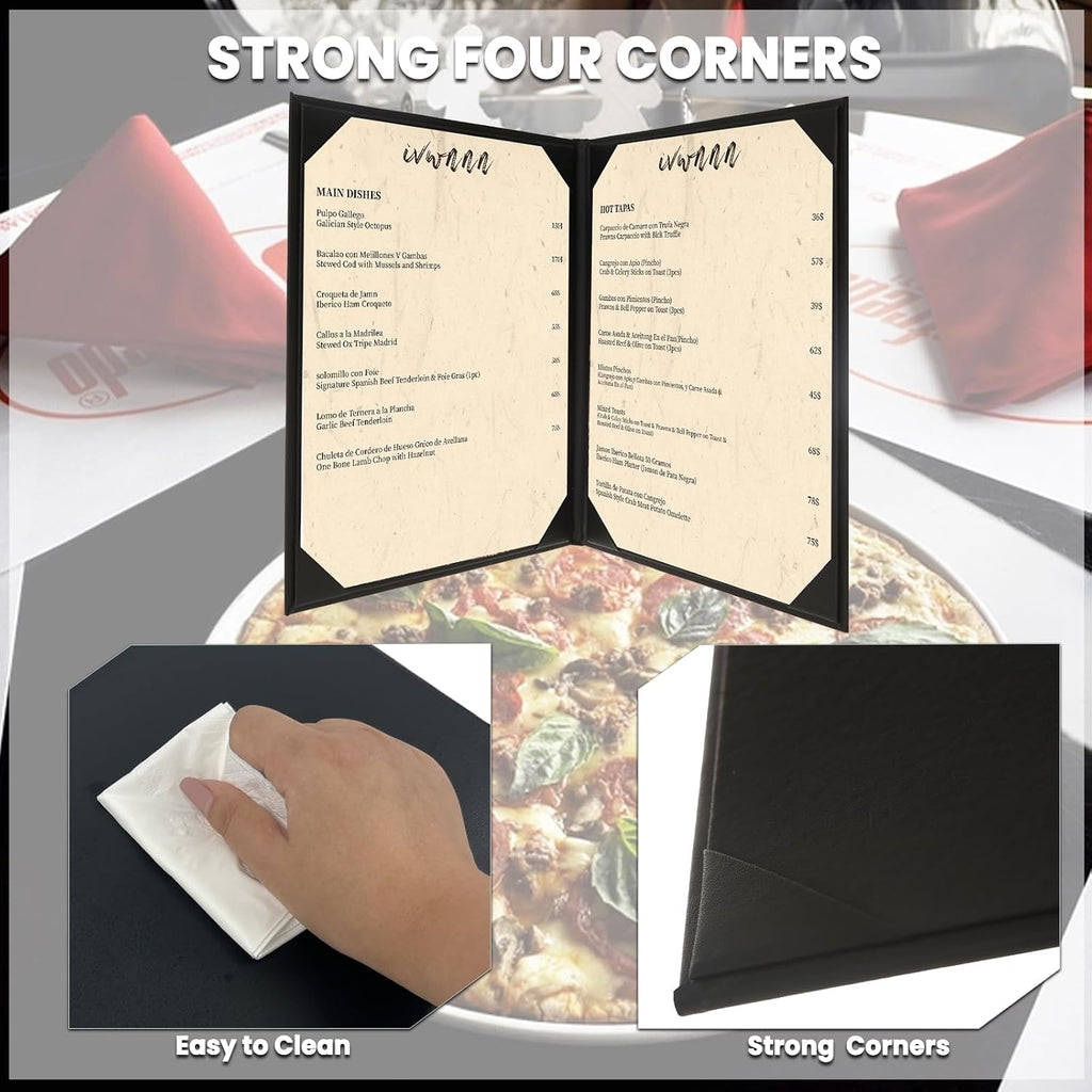 8.5'' x 11'' Menu Covers 6 Pack Black PU Leather Menu Holders Book Style with Angled Corners Double View Menu Sleeves