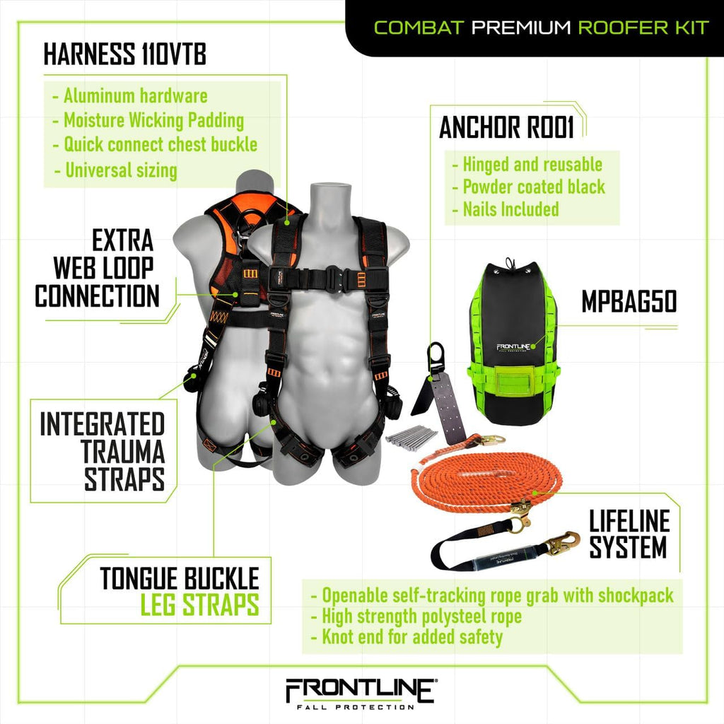 Frontline RK110V50 Combat Premium Complete Roofers Kit | Includes Combat Harness, Roof Anchor & Vertical Lifeline