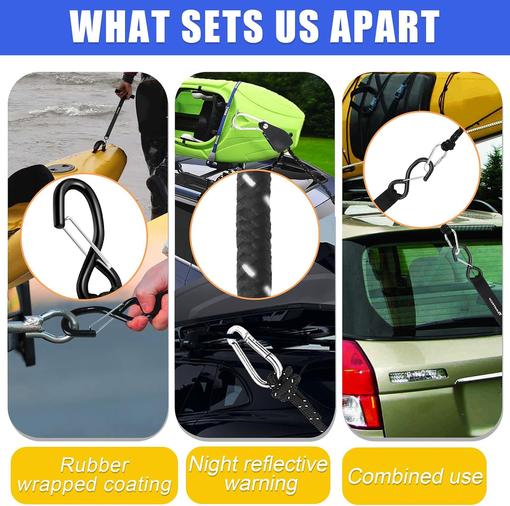 Kayak Tie Down Straps Kit – Bow & Stern Loops, Heavy Duty Ratchet Straps