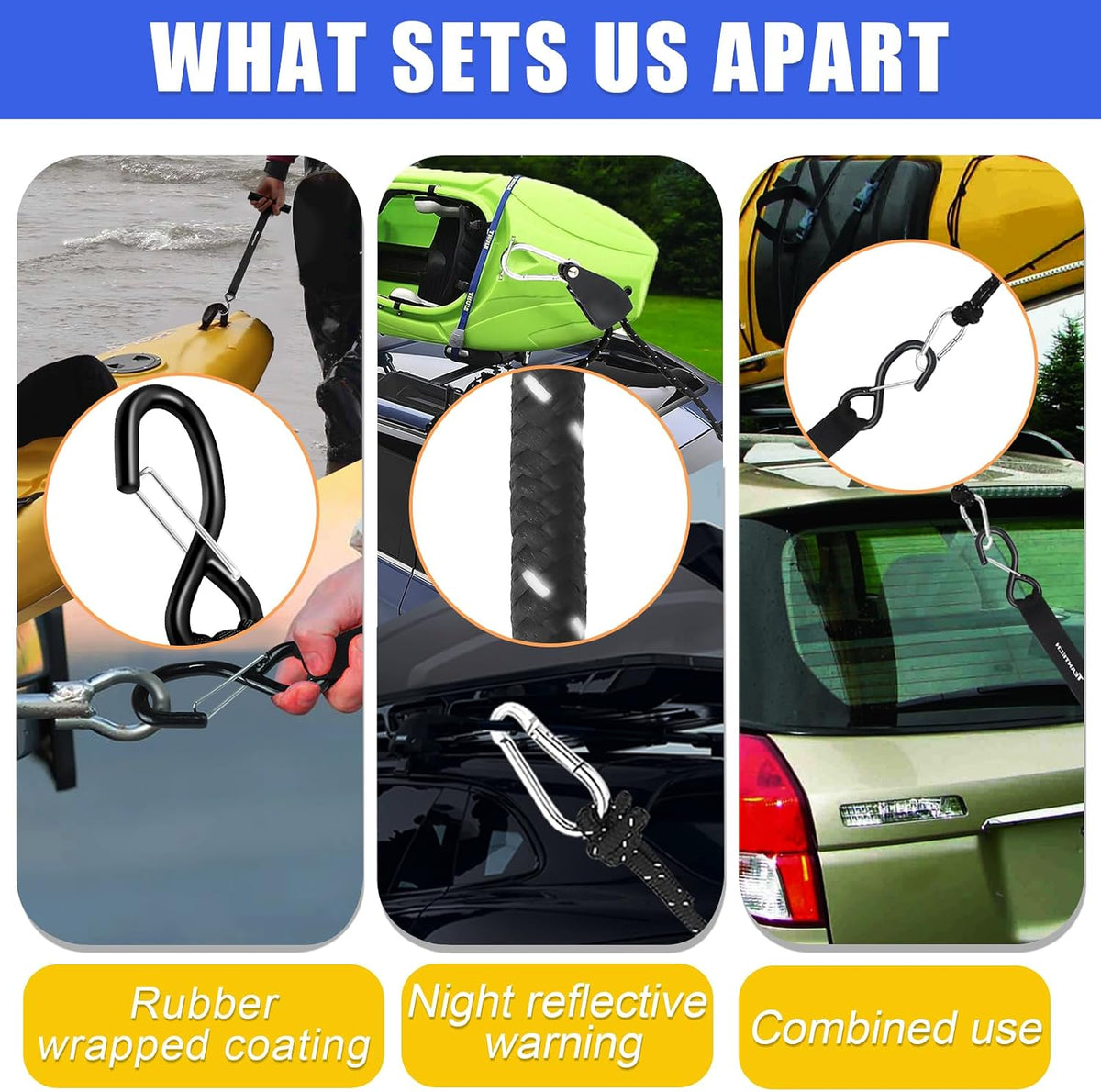 Kayak Tie Down Straps Kit – Bow & Stern Loops, Heavy Duty Ratchet Straps