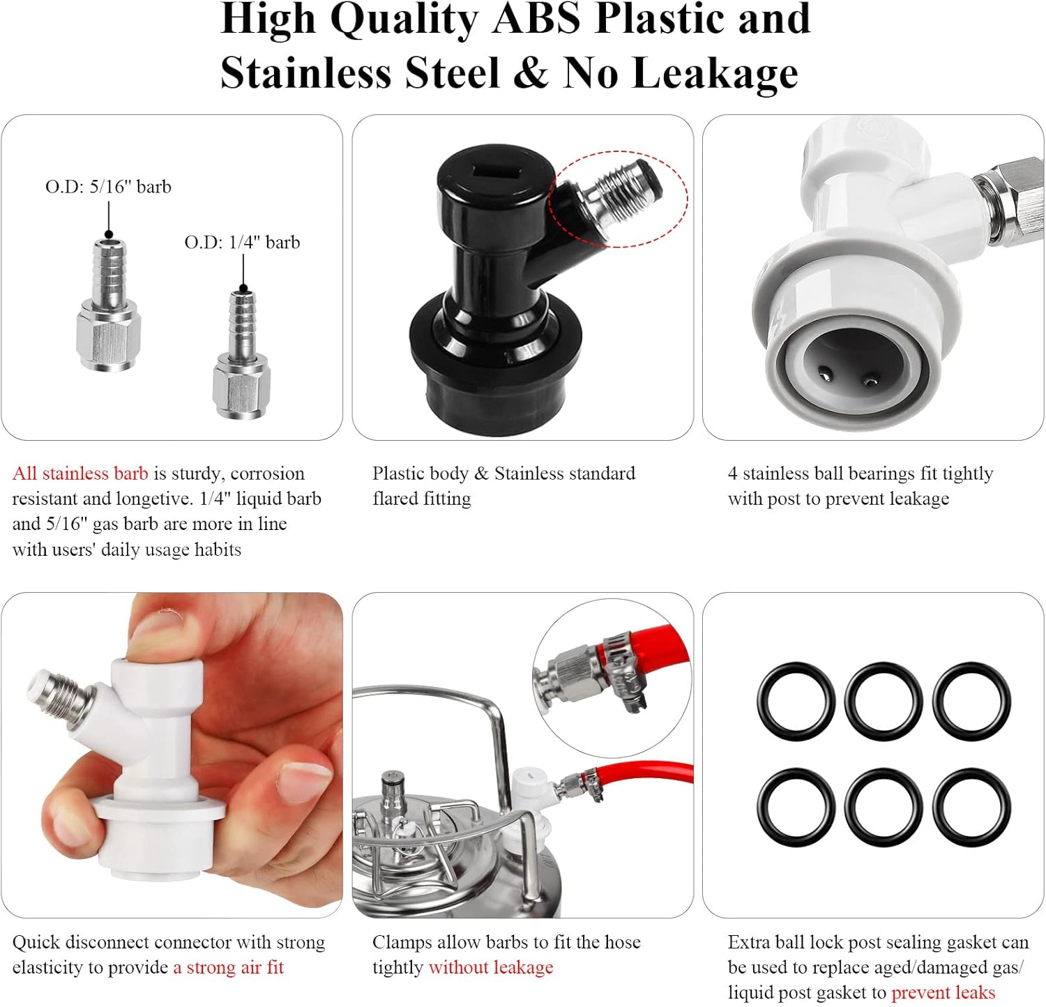 Ball Lock Keg Connectors – Corny Keg Post Quick Disconnect Set | No Leakage, O.D 1/4" Beer & 5/16" Gas Barb, 4x Spare