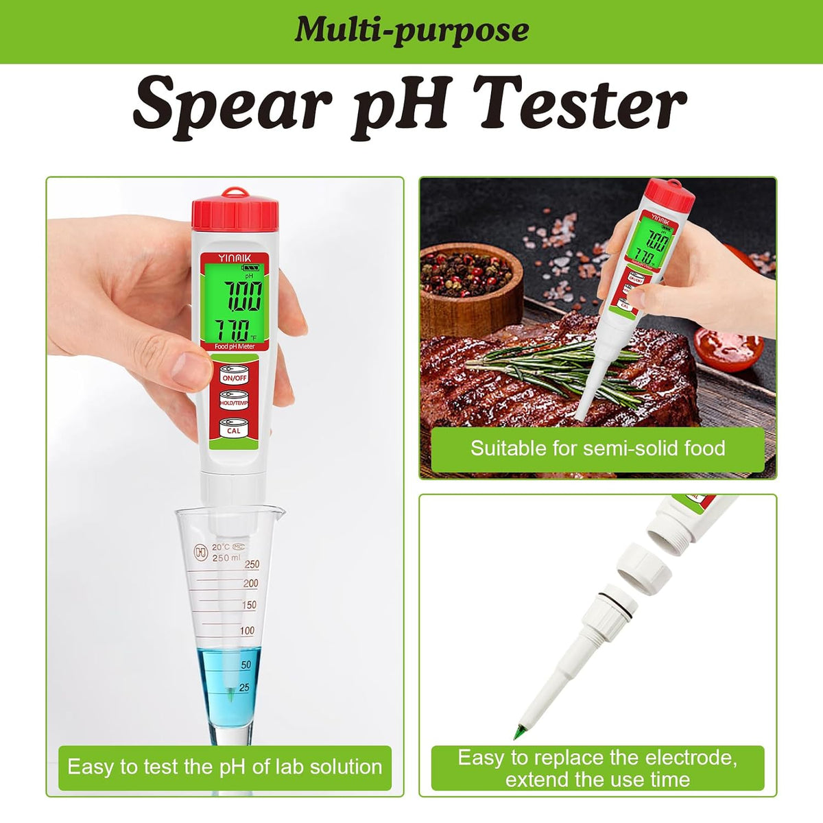 YINMIK Food pH Tester with pH Calibration Storage Solution Digital pH Meter