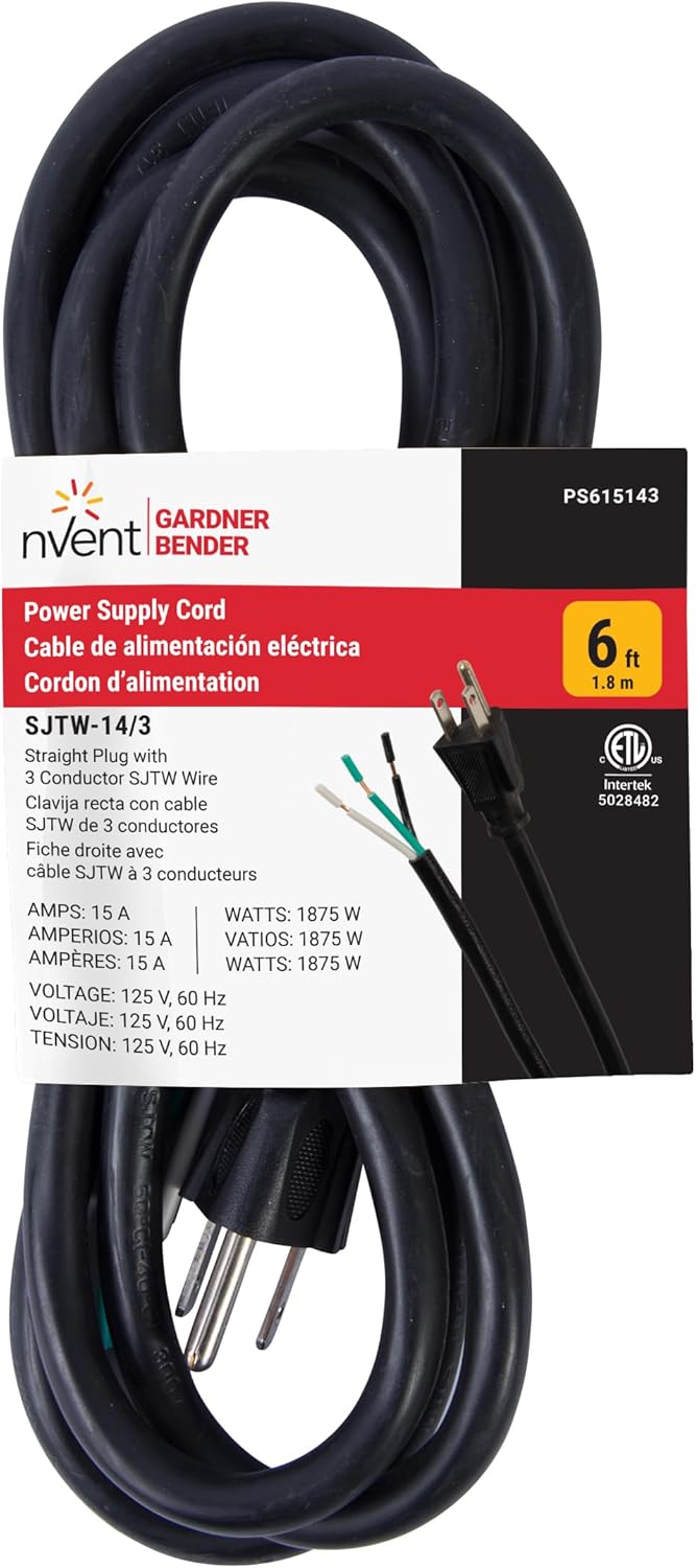 nVent GARDNER BENDER PS615143 6 ft Replacement Appliance Power Cord 14/3 AWG Heavy-Duty SJTW Cable with Grounded NEMA