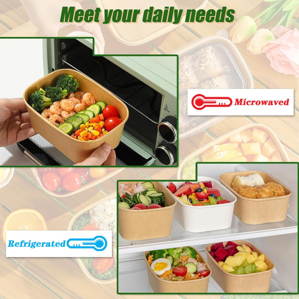 50 Disposable Meal Prep Containers 19oz Kraft Paper Bowls with Lids & Forks