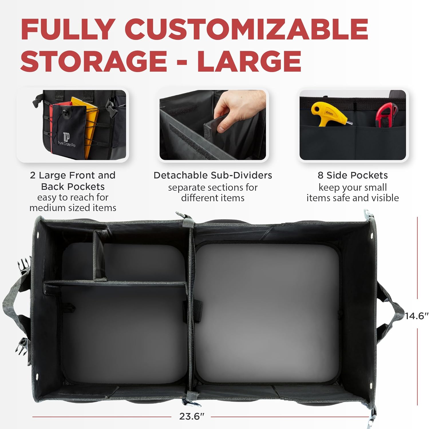 Trunk Organizer For Car, Suv, Truck | Premium Adjustable Multi Compartments Collapsible Car Trunk Organizer With