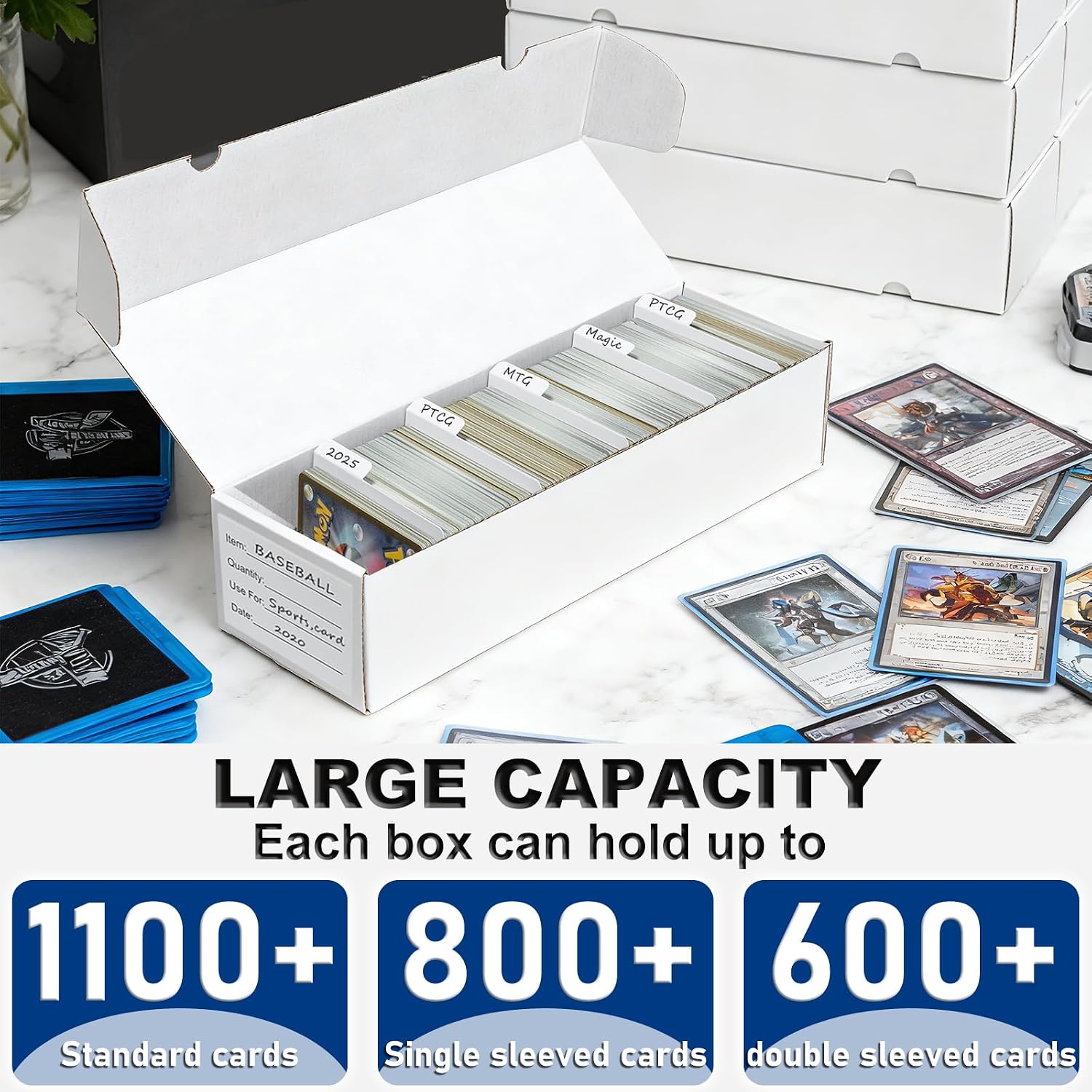 Trading Card Storage Box | 6 Pack • 1100 Count Bulk Card Storage Box | with Dividers | White Corrugated Cardboard