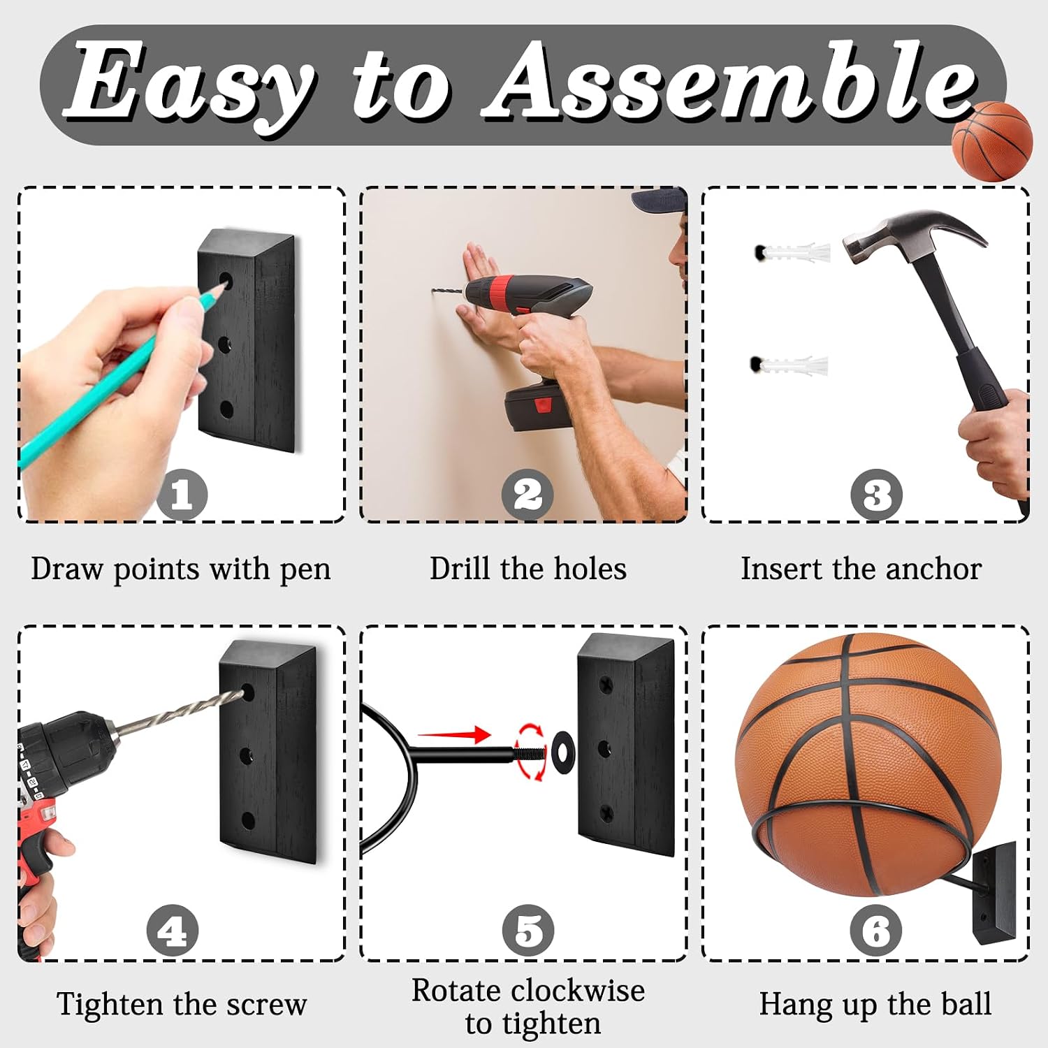 Basketball Holder Wall Mount, 7 Inch Wall Mount Ball Holder with Black Walnut Solid Wood Base & Metal Ring, Sports