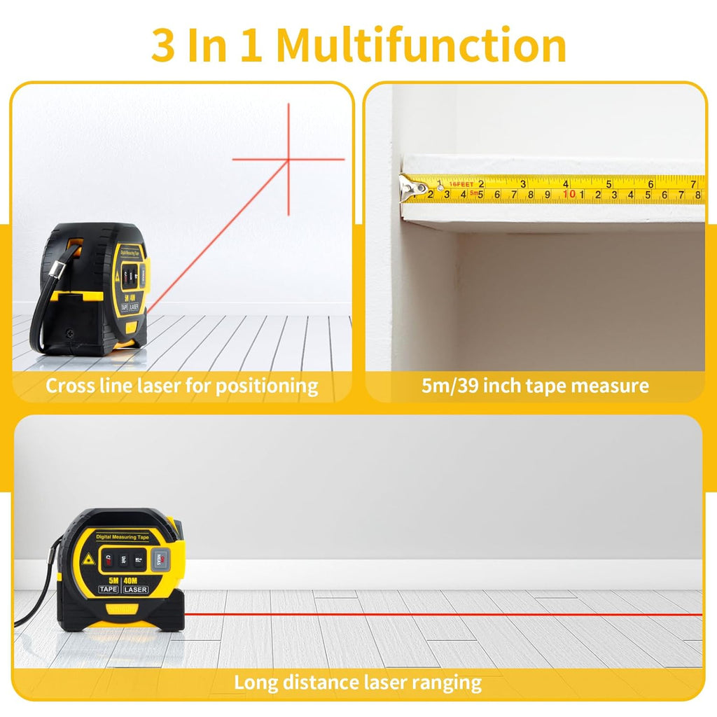 5m/16ft Digital Laser Tape Measure, WTWD 100m/328ft Laser Distance Measure with Cross-Line Laser Level, Area/Volume