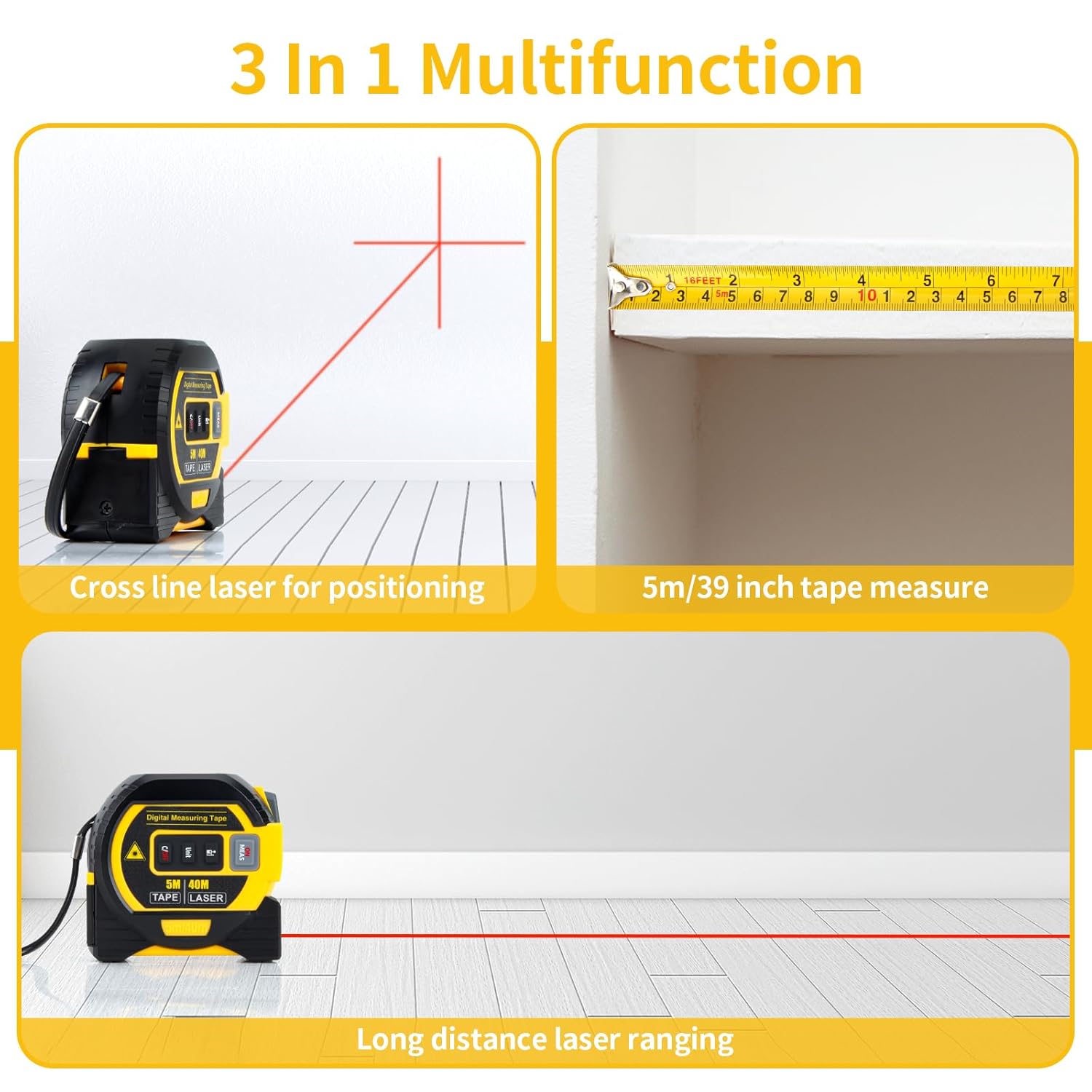 5m/16ft Digital Laser Tape Measure, WTWD 100m/328ft Laser Distance Measure with Cross-Line Laser Level, Area/Volume