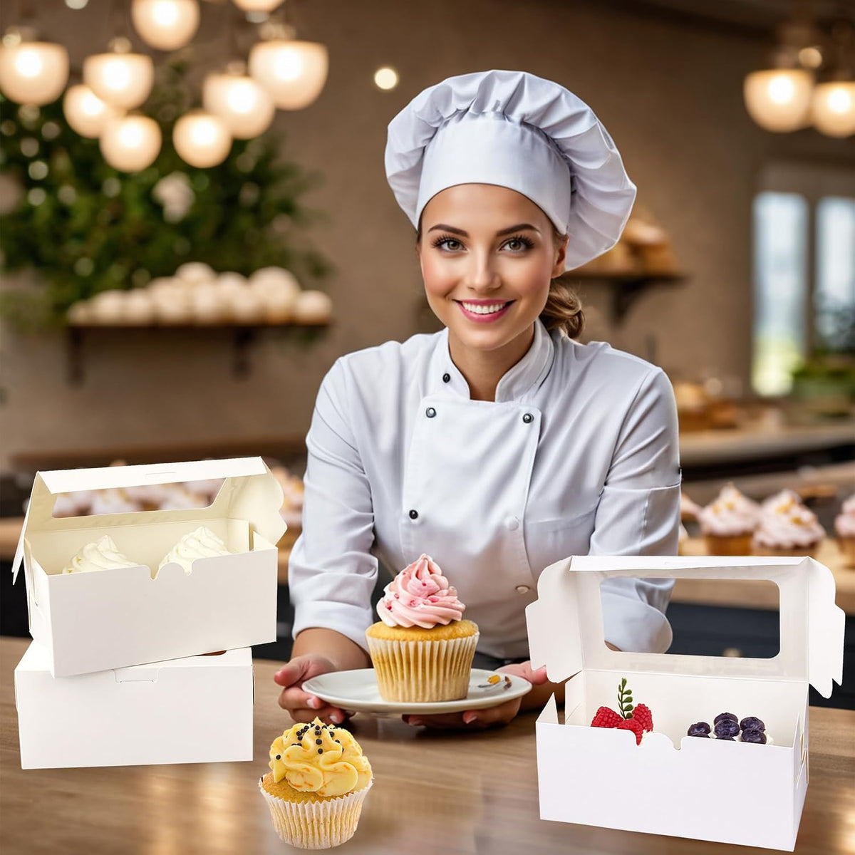 20 PCS White Paper Cupcake Boxes with 2 Cavity Cookie Gift Boxes with Clear Window 2 Treat Holder Cupcake Containers