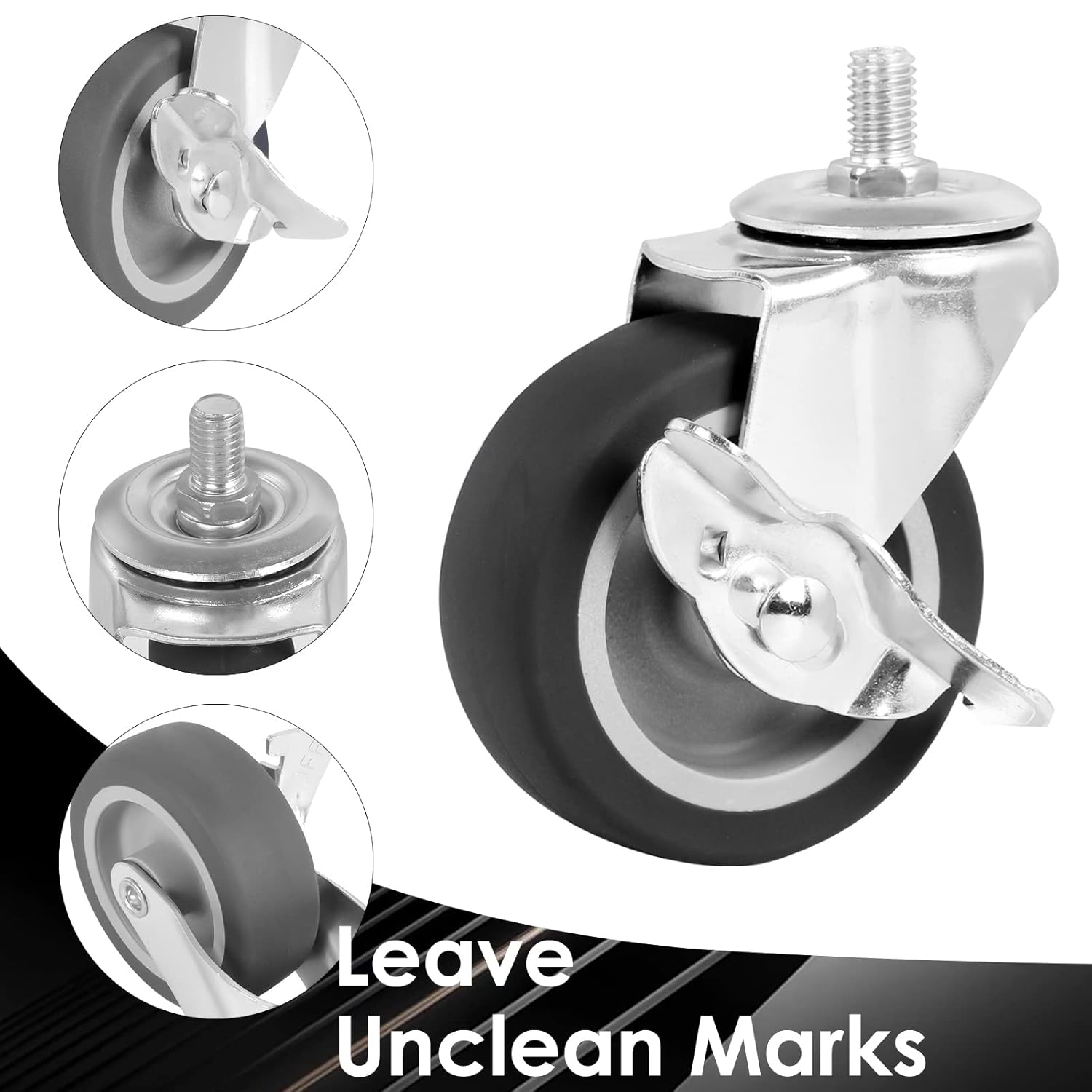 Caster Wheels, 3 Inch Stem Casters Set of 4, Heavy Duty Swivel Wheel with Brake, Metric Size M8-1.25-15 (Screw