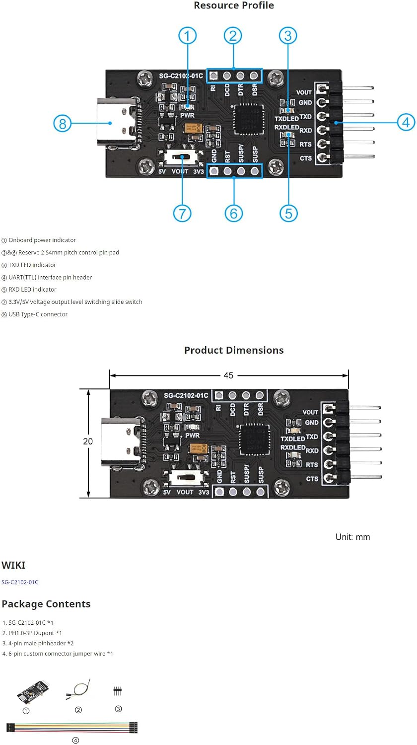 CP2102 USB to UART Serial Converter Module, Type-C Interface, 3.3V/5V Switchable, with CTS/RTS Flow Control, Compatible with Windows, Linux, Mac OS, for Arduino, Raspberry Pi
