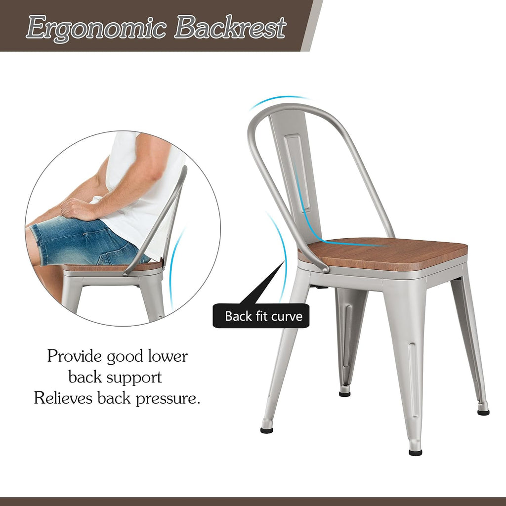 18inch Dining Chair Set of 4, Chic Iron Farmhouse Chairs Side Stools-Silver