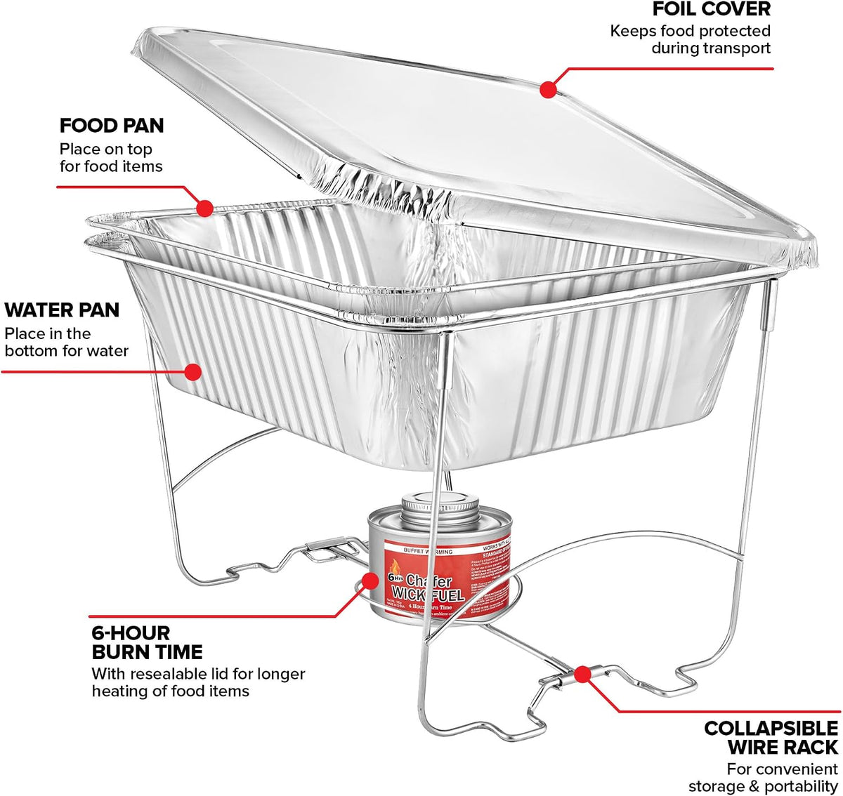 Complete Chafing Dish Buffet Set (39pc) Disposable Catering Supplies- Includes Serving Utensils, 6hr Fuel cans, 6