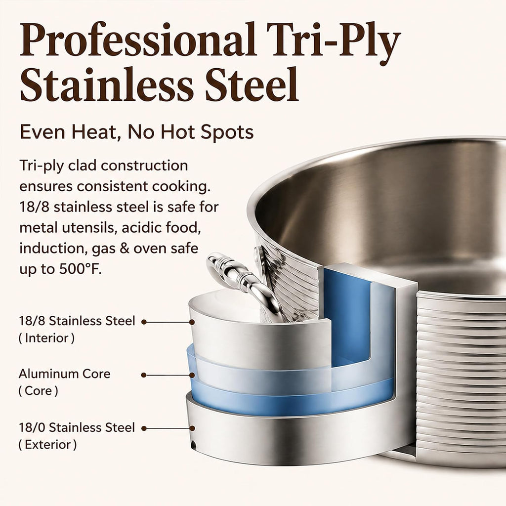 7 QT Stainless Steel Braiser Rondeau Pot with Lid, Riveted Handle