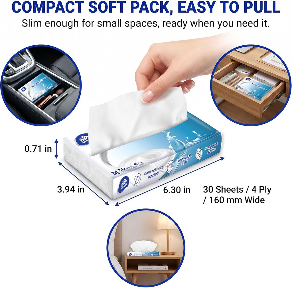 Car Tissues with Lotion, 4-Ply Facial Tissues, 16 Packs, 480 sheets